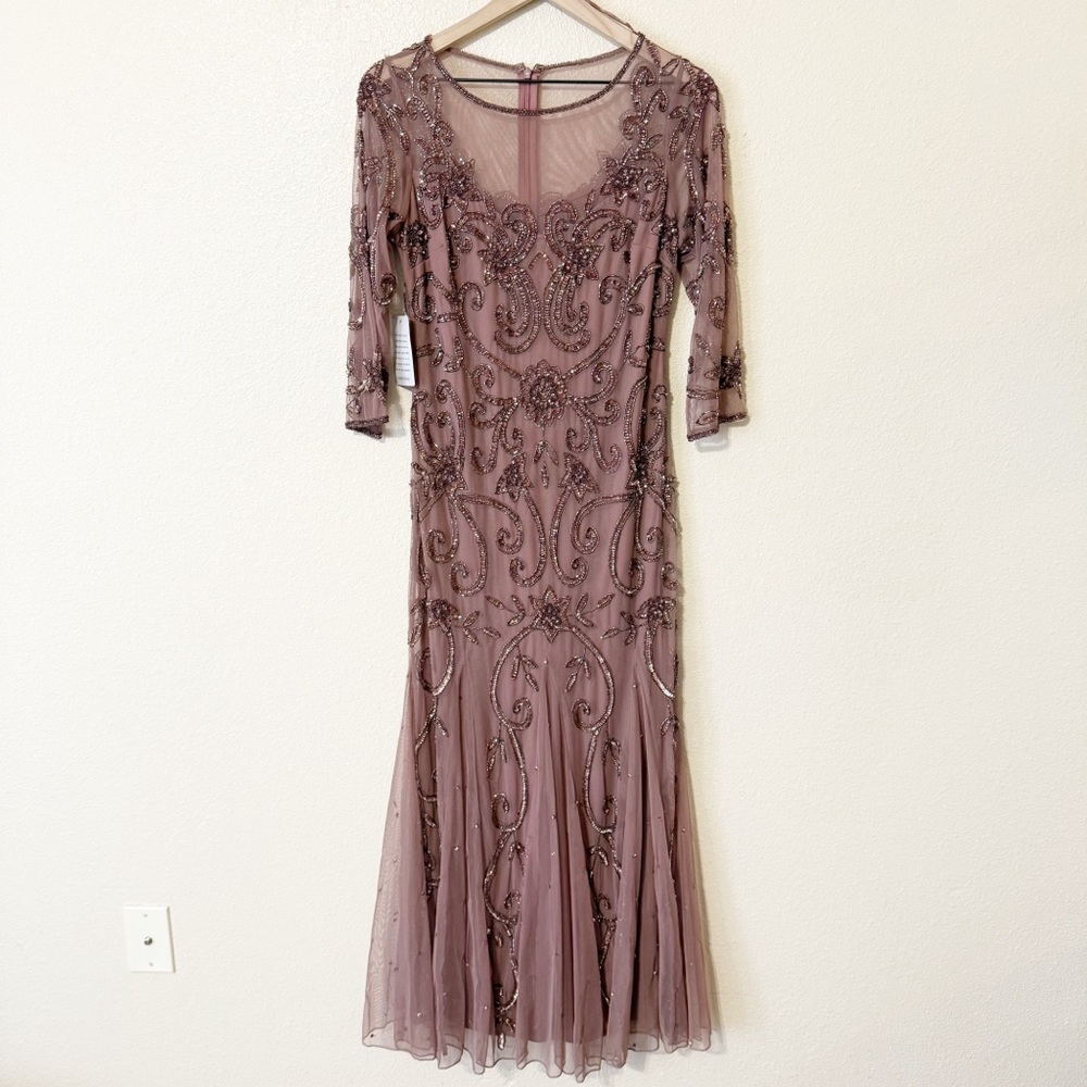 Pisarro Nights Beaded Illusion Neck Gown Mauve Tulle Flare Godet Hem Midi Size 6 - Picture 6 of 14